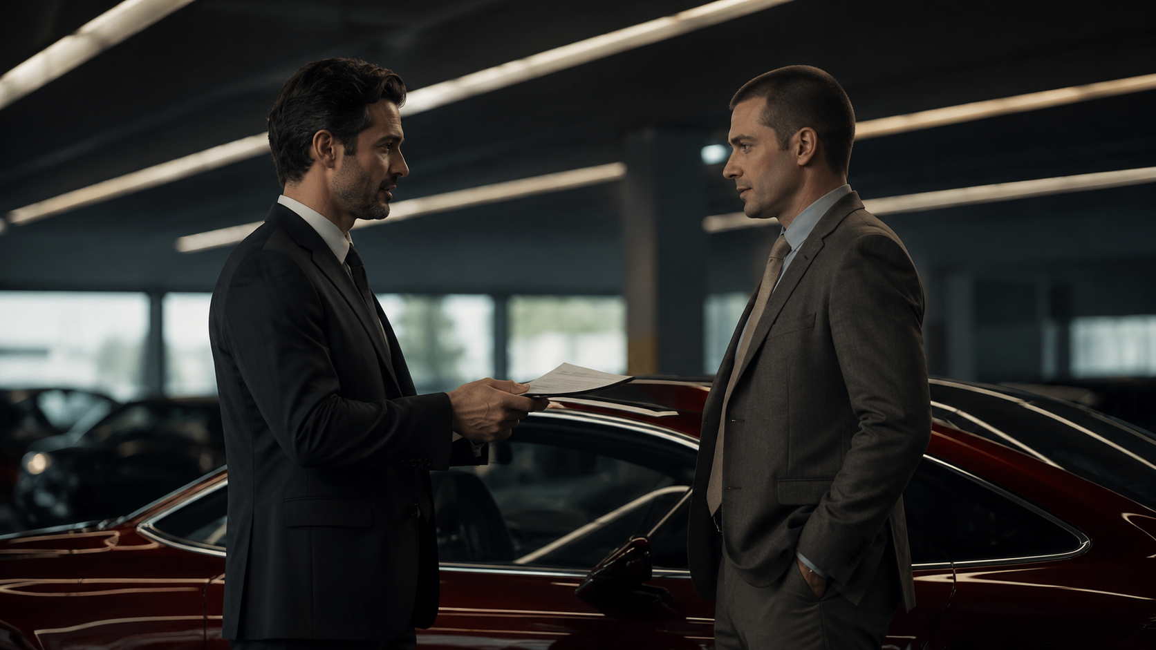 Advisor handing over paperwork beside a vehicle in an underground garage