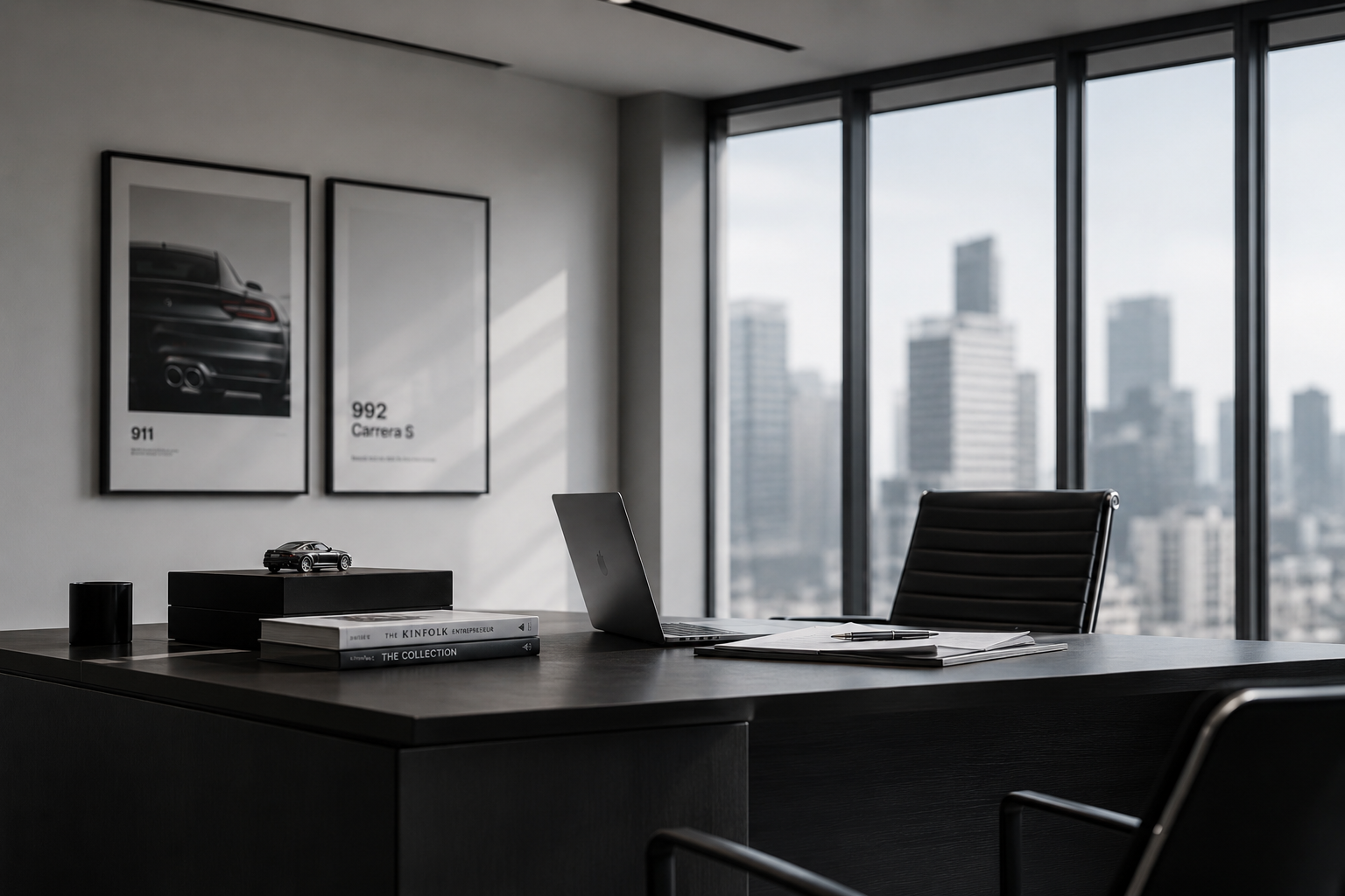 Private office desk with Porsche prints and city skyline view — the Kiki Motors investment management approach